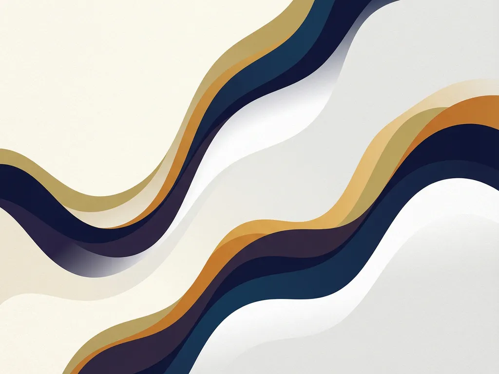 Abstracte donkerblauwe en gele golven in vloeiende vormen, die audiopatronen suggereren op een serene minimalistische achtergrond.