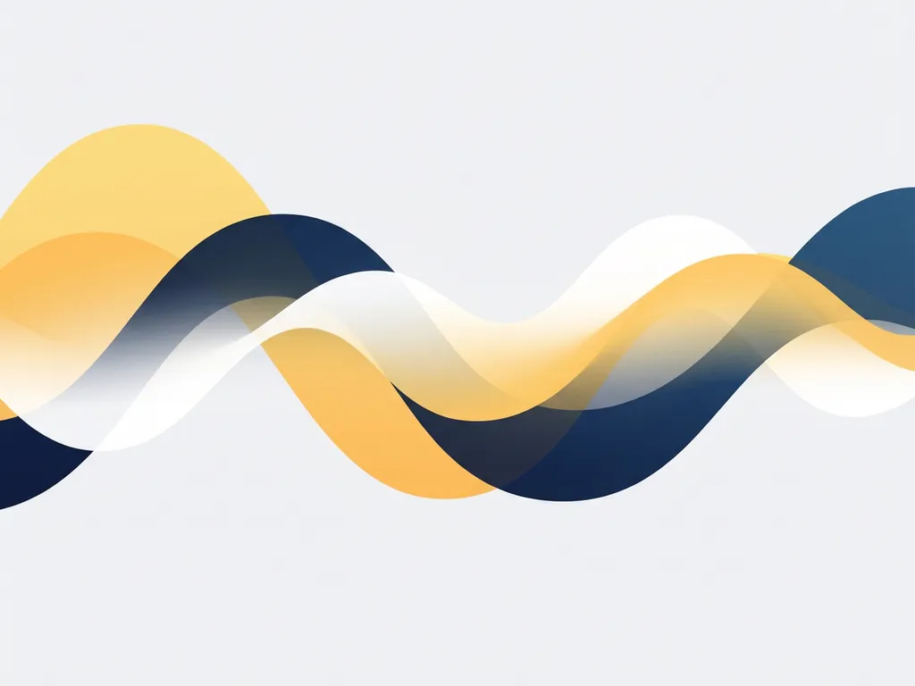 Abstracte vloeiende golven in marineblauw, warm geel en wit, suggereren audioритme in een serene minimalistische compositie.