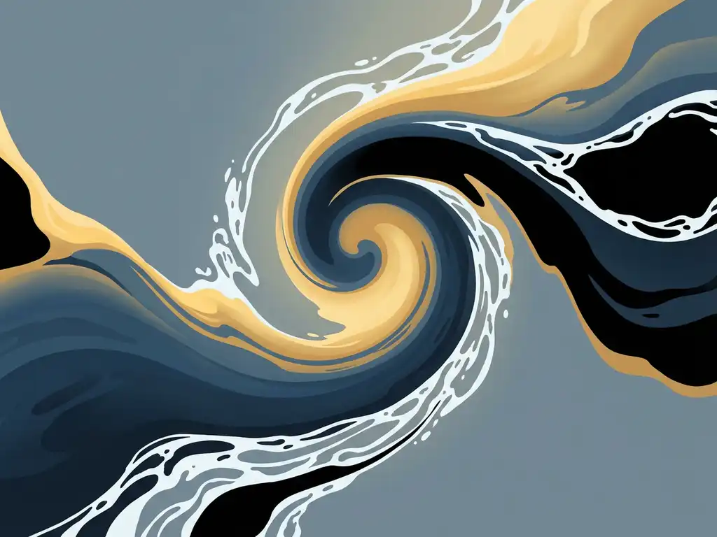 Luchtaanzicht van abstracte oceaangolf met donkerblauwe diepten, gouden golftop en witte schuimsporen in spiraalvorm.