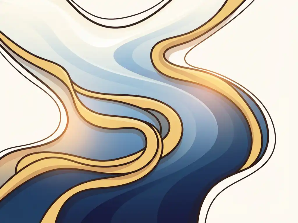 Abstracte vloeiende golven in marineblauw, wit en goudgeel met zachte kleurovergangen en een serene, minimalistische compositie.