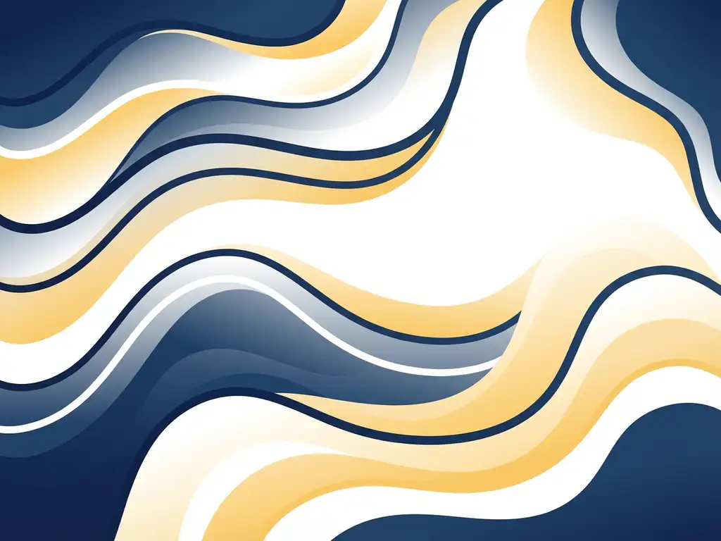 Abstracte vloeiende golven van bovenaf, met zachte kleurovergangen in donkerblauw, wit en goudgeel.