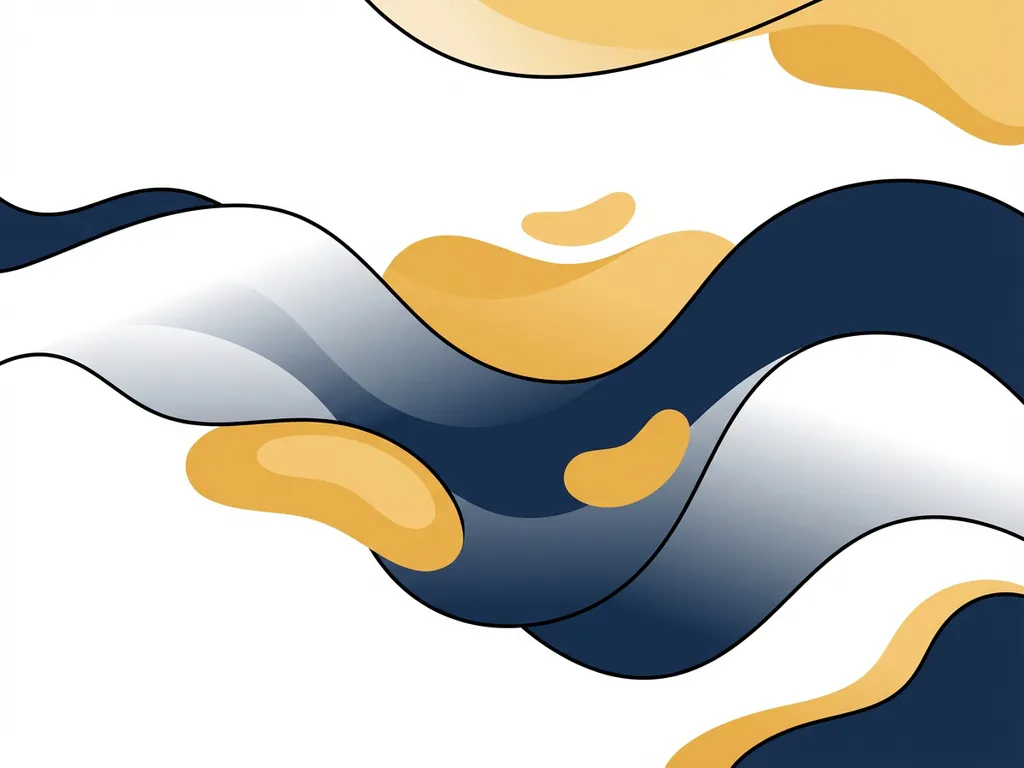 Abstracte golvende compositie met vloeiende kleurverlopen in wit, marineblauw en goudgeel, rustige moderne illustratiestijl.