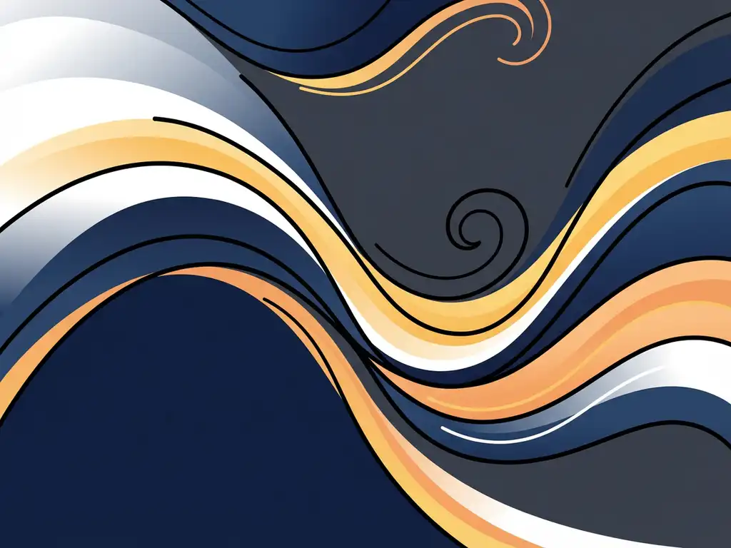 Abstracte golven van bovenaf met vloeiende kleurovergangen in wit, marineblauw en warm geel, minimalistische vectorillustratie.