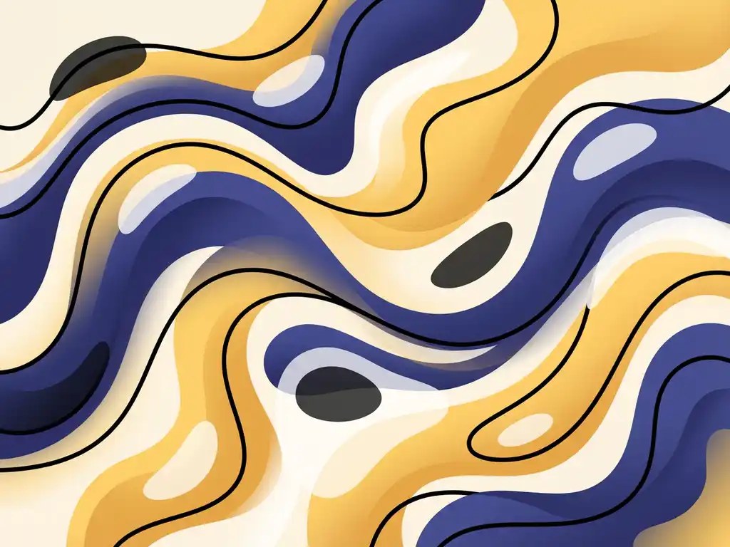 Abstracte vloeiende golven in donkerblauw en warm geel, zachte kleurovergangen in rustgevende luchtperspectief compositie.