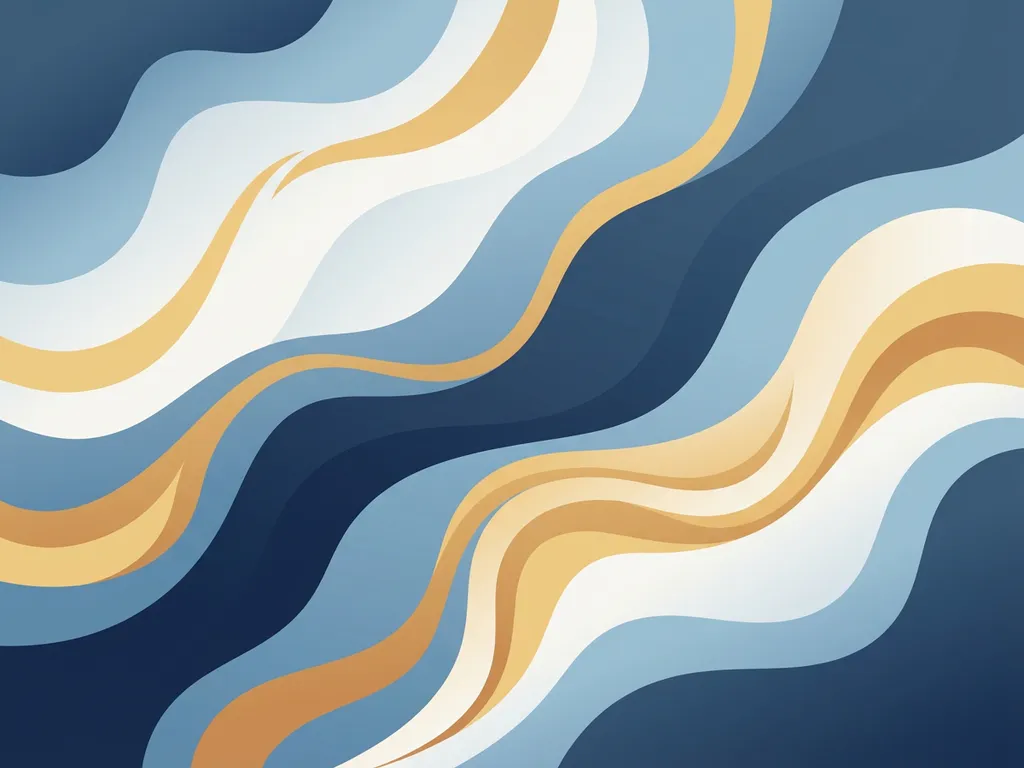 Abstracte vloeiende golven in wit, diepblauw en goudgeel, suggereren geluidsgolven of een oceaanoppervlak vanuit bovenaanzicht.