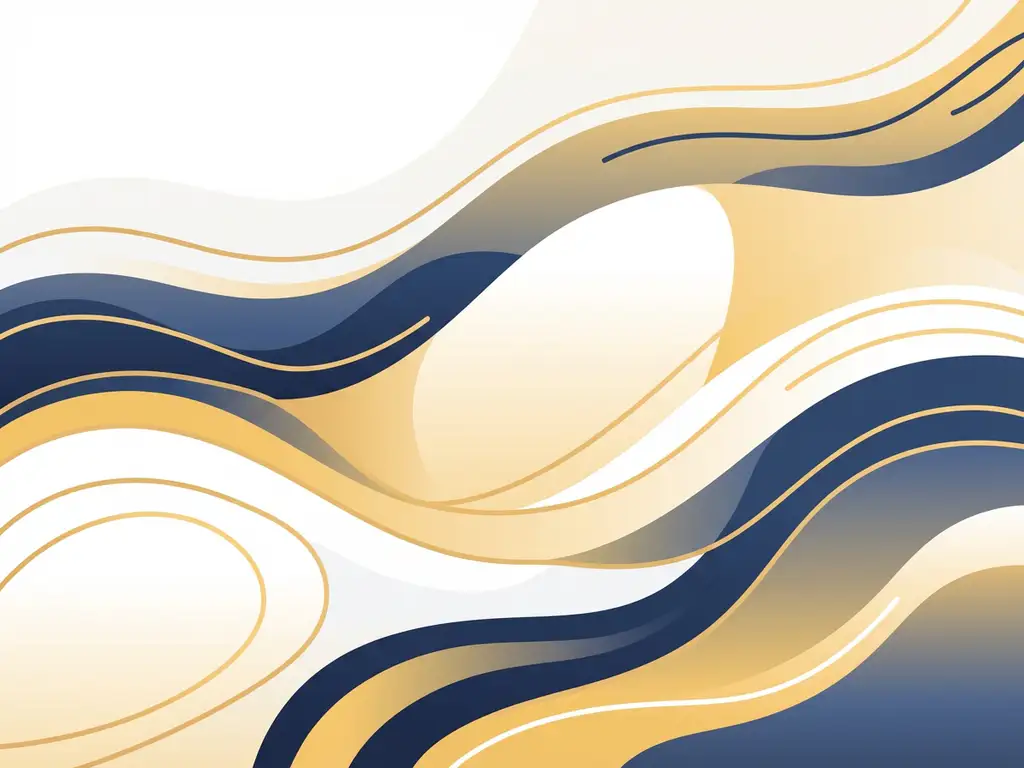 Abstracte vloeiende golven in wit, donkerblauw en goudgeel, minimale vectorillustratie met zachte kleurovergangen en serene compositie.