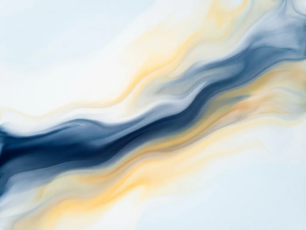 Abstracte vloeistofgolven van bovenaf, met vloeiende kleurovergangen van wit naar marineblauw en warme gele tinten.