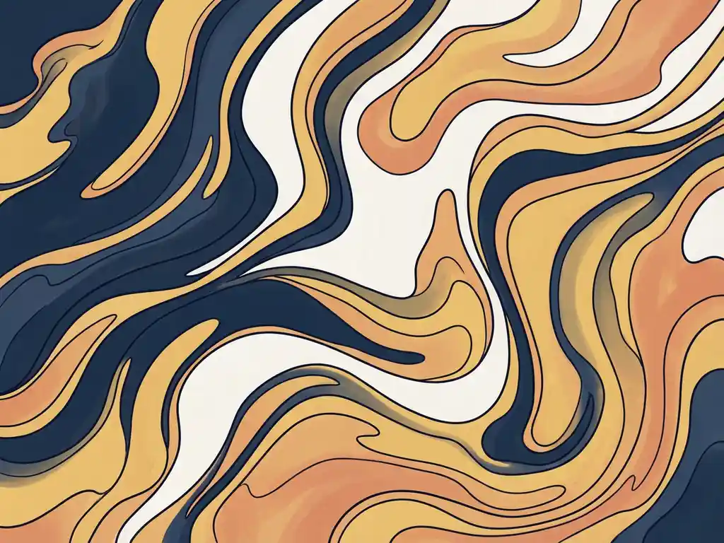 Abstracte vloeistofgolven in diepblauw en warm geel die geluidsgolven en audioритme suggereren, vlakke illustratiestijl.