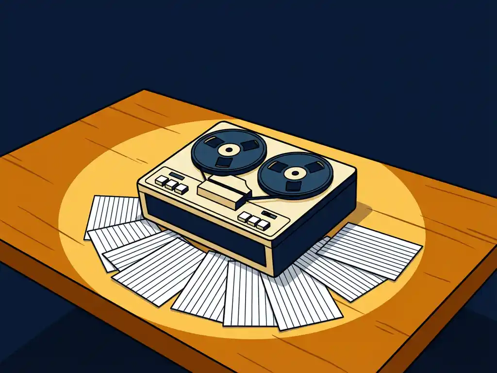 Vintage reel-to-reel bandrecorder op een eiken bureau, omringd door uitgewaaierde indexkaarten in warm geel licht en donkerblauwe schaduwen.