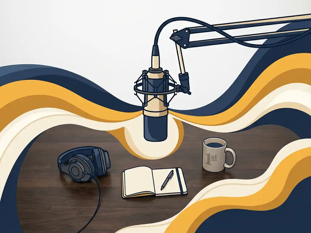 Professionele podcastmicrofoon op een studio-bureau, omgeven door abstracte navy en gele golven, minimalistisch bovenaanzicht.