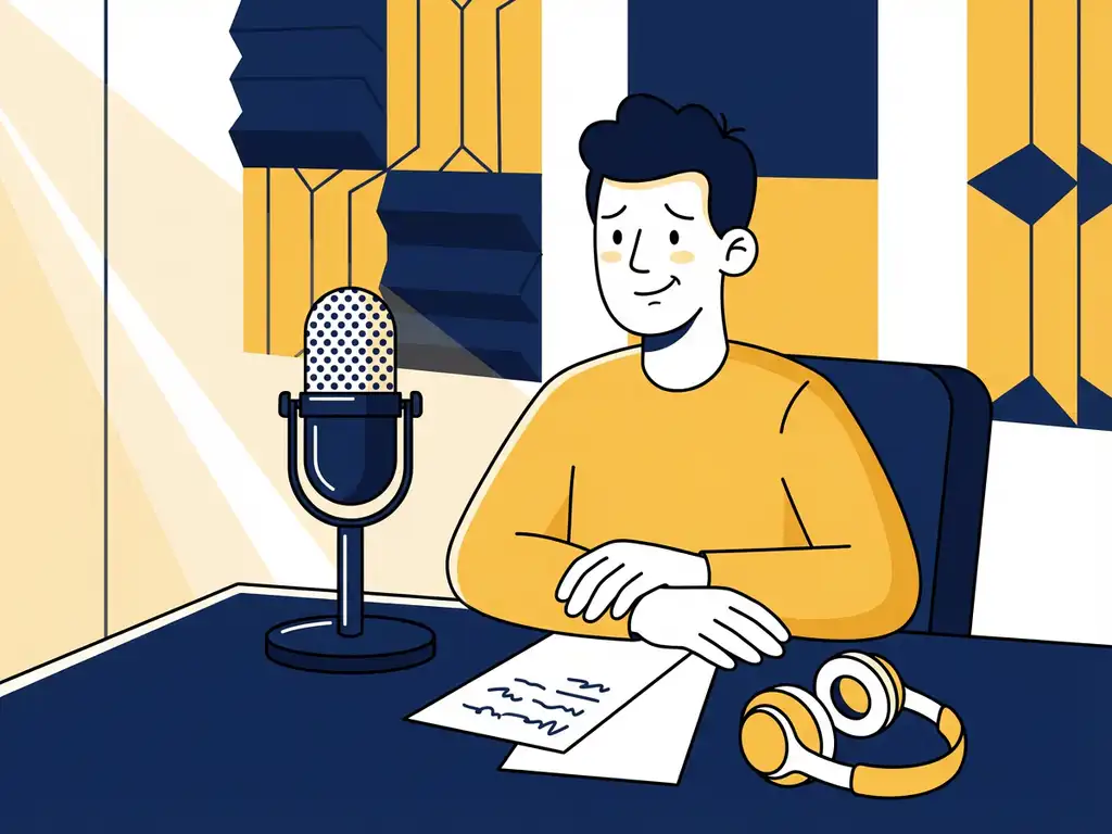 Beginnende podcaster aan studiomicrofoon met aantekeningen en koptelefoon op bureau, akoestische panelen op achtergrond, vlakke illustratiestijl.