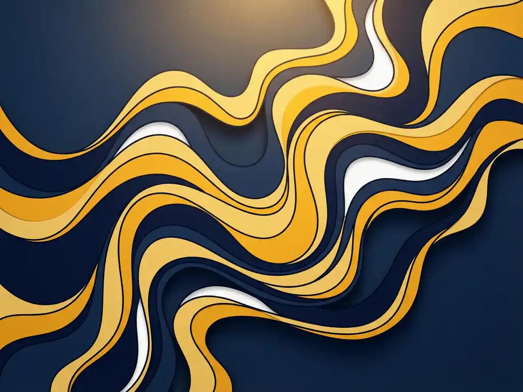 Abstracte gele geluidsgolven als vloeiende linten op een donkerblauwe achtergrond, rustgevende minimale compositie.