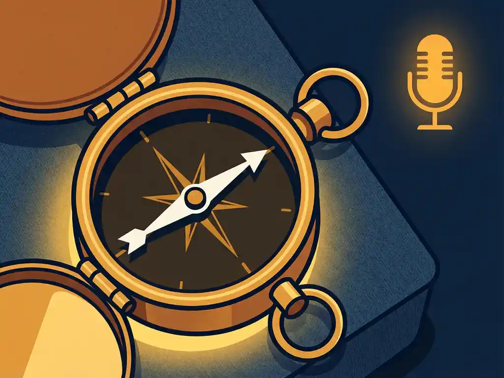 Vintage kompas op donkerblauw oppervlak met naald wijzend naar gloeiend microfoonsilhouet, warm amber licht, vlakke vectorstijl.