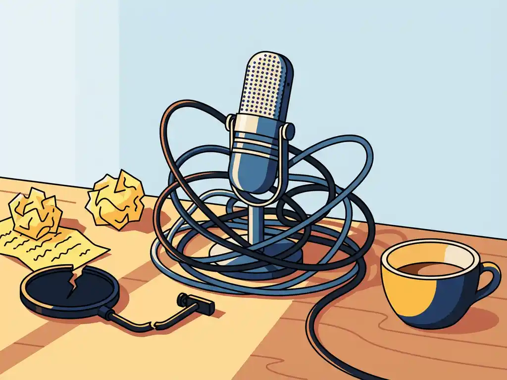 Vintage studiomicrofoon verstrikt in kabels op houten bureau, met verfrommelde notities, kapotte popfilter en halfvolle koffiekop.