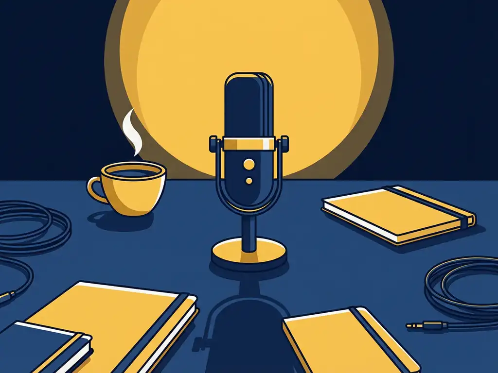 Condensatormicrofoon op studio bureau met notitieboeken, koffiekop en hoofdtelefoonkabels in marineblauw en goud.