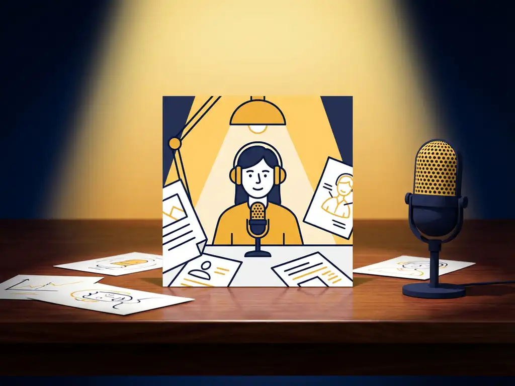 Podcast cover artwork op studiodesk met microfoon en ontwerpschetsen, verlicht door warm geel licht met donkerblauwe schaduwen.