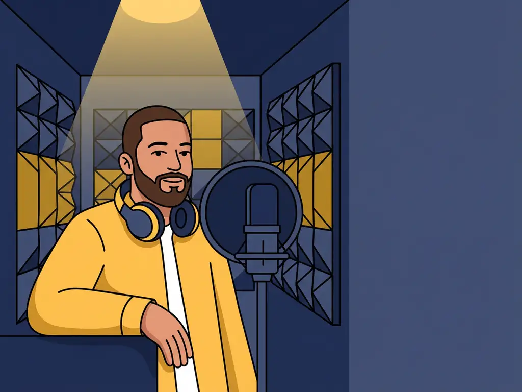 Podcastgast leunt naar een studiomicrofoon met koptelefoon om de nek, akoestische schuimpanelen op de achtergrond, vlakke illustratiestijl.