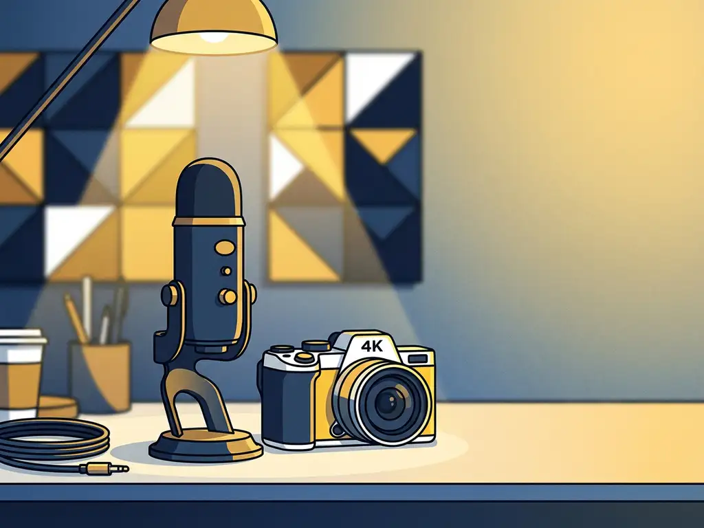Professionele podcastmicrofoon en 4K-camera op studiobureaus met akoestische panelen en warm gouden licht op de achtergrond.