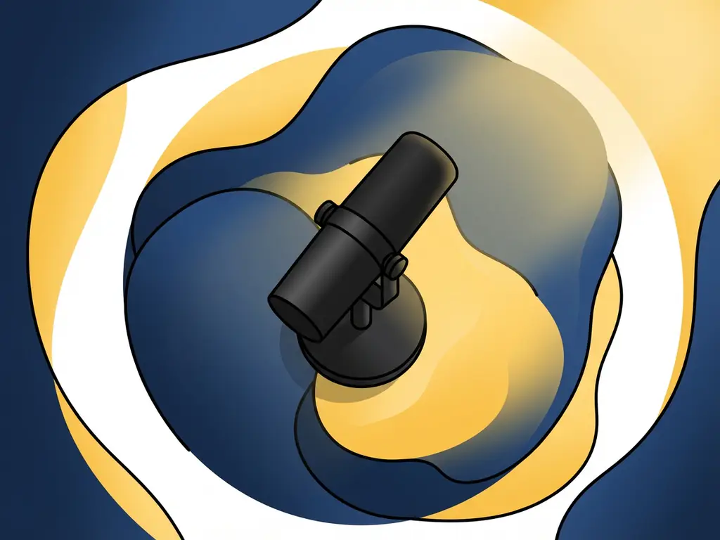 Professionele podcastmicrofoon omgeven door vloeiende golven in marineblauw en warm geel op witte achtergrond.