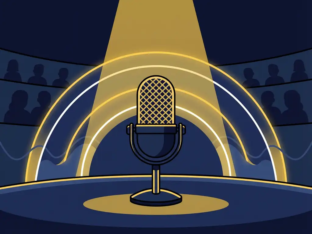 Podcastmicrofoon op verlicht podium in donkere zaal met silhouetten van publiek op de achtergrond.