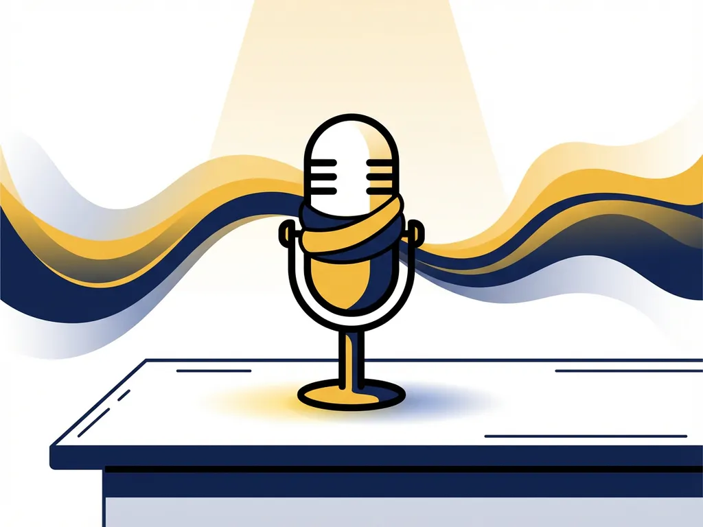 Gestileerde podcastmicrofoon met abstracte golven in marineblauw en goudgeel op een studiobureau.