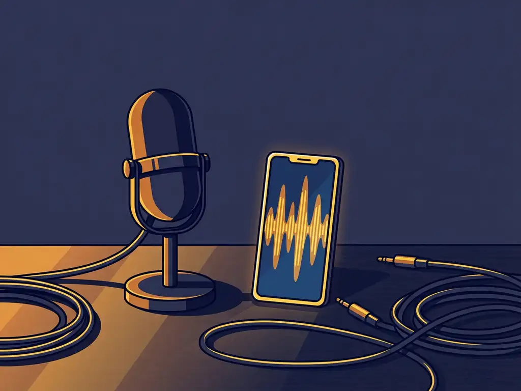 Professionele podcastmicrofoon naast smartphone met geluidsgolven op een donker studiobureaublad, warme amber en marineblauw tinten.