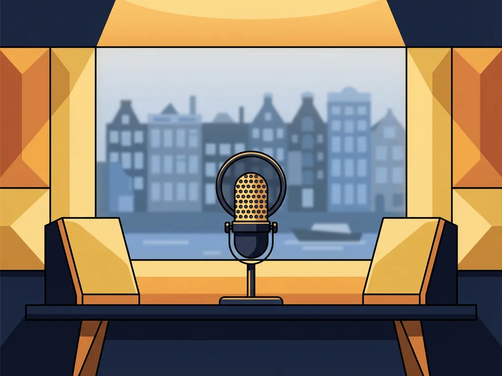 Professionele podcastmicrofoon op een studiobureau met gouden akoestische panelen en een bevroren raam met uitzicht op Nederlandse waterwegen.