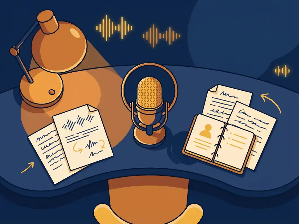 Podcastmicrofoon op studiobureaus omringd door handgeschreven notities en een open adresboek, warm amberkleurig licht.