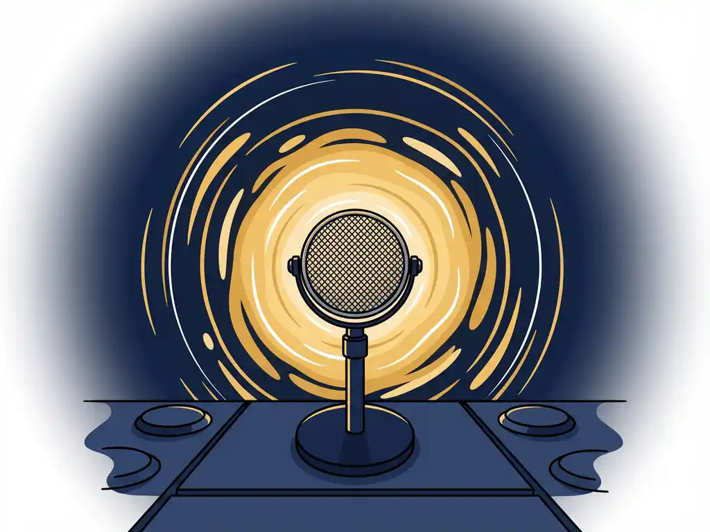 Professionele podcastmicrofoon op studiotafel met gouden geluidsgolven op donkerblauwe achtergrond, vlakke illustratiestijl.