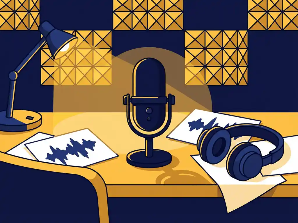 Professionele podcastmicrofoon op studiodesk met audiogolfprints en koptelefoon, warm amberkleurig licht en geel akoestisch schuim.