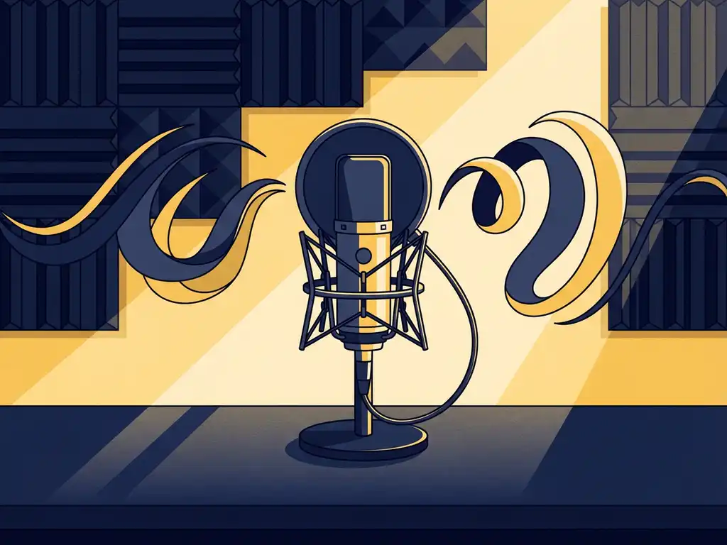 Condensatormicrofoon in een podcaststudio met donkerblauwe akoestische panelen en warm geel accentlicht op een strak bureau.