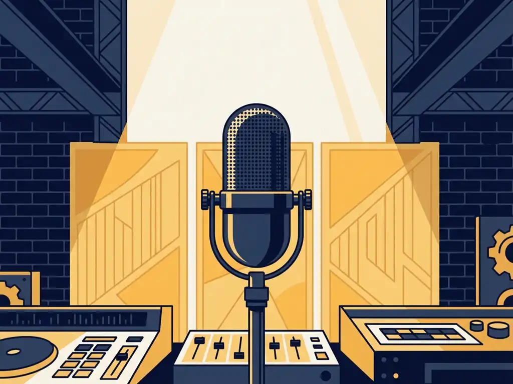 Professionele podcastmicrofoon in een warmverlichte industriële studio met bakstenen muren en gouden akoestische panelen.