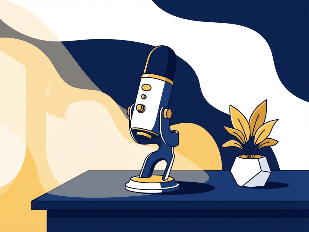 Professionele podcastmicrofoon op minimalistisch bureau met kleine plant, zachte studioverlichting in marineblauw en warm geel.