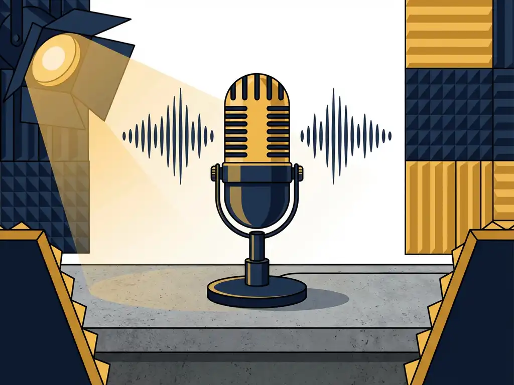 Professionele podcastmicrofoon op betonnen studiodesk, omringd door akoestisch schuim en warme studioverlichtng in blauw en geel.
