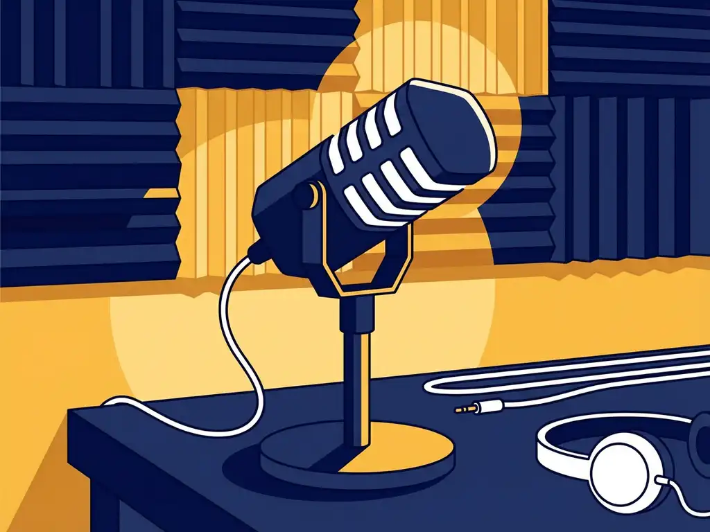Professionele podcastmicrofoon op studiobureaus omringd door akoestische schuimpanelen in warm amber licht.