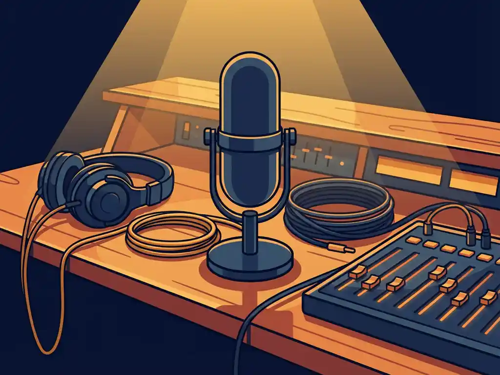 Professionele podcastmicrofoon op studio-bureau met koptelefoon, audiokabels en verlicht mengpaneel in warme amber- en marineblauw tinten.
