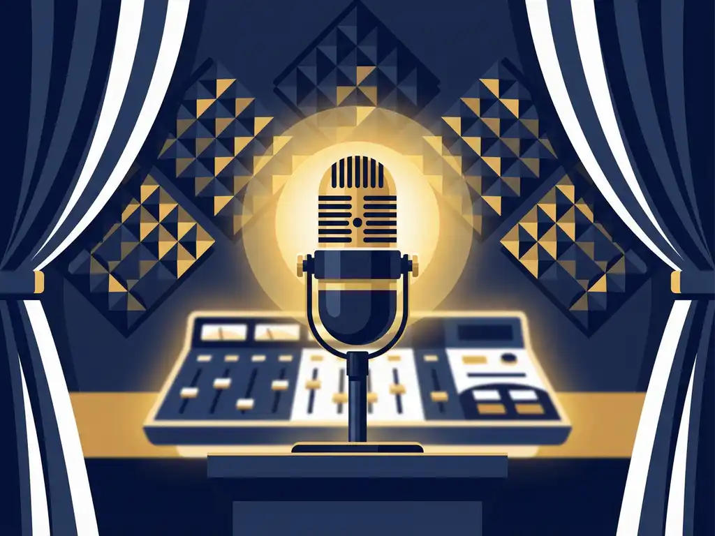 Professionele podcastmicrofoon in een warmverlichte studiocabine met akoestische schuimpanelen en een gloeiende mengpaneel op de achtergrond.