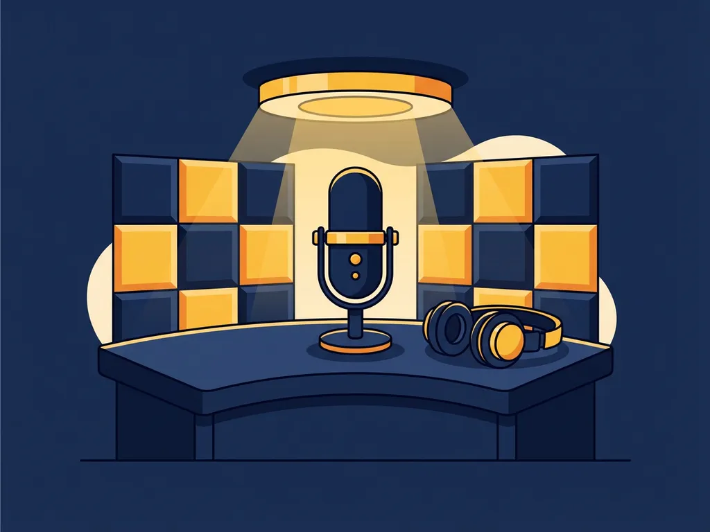 Professionele podcastmicrofoon op een studiodesk met akoestische schuimpanelen, koptelefoon ernaast, warme gouden verlichting.