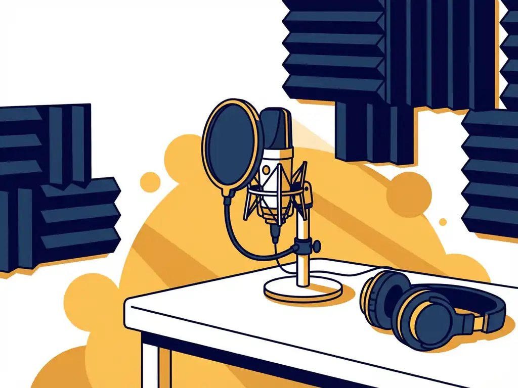 Professionele podcastmicrofoon op studiobureaus omgeven door akoestische schuimpanelen, koptelefoon en warm amber studiolicht.