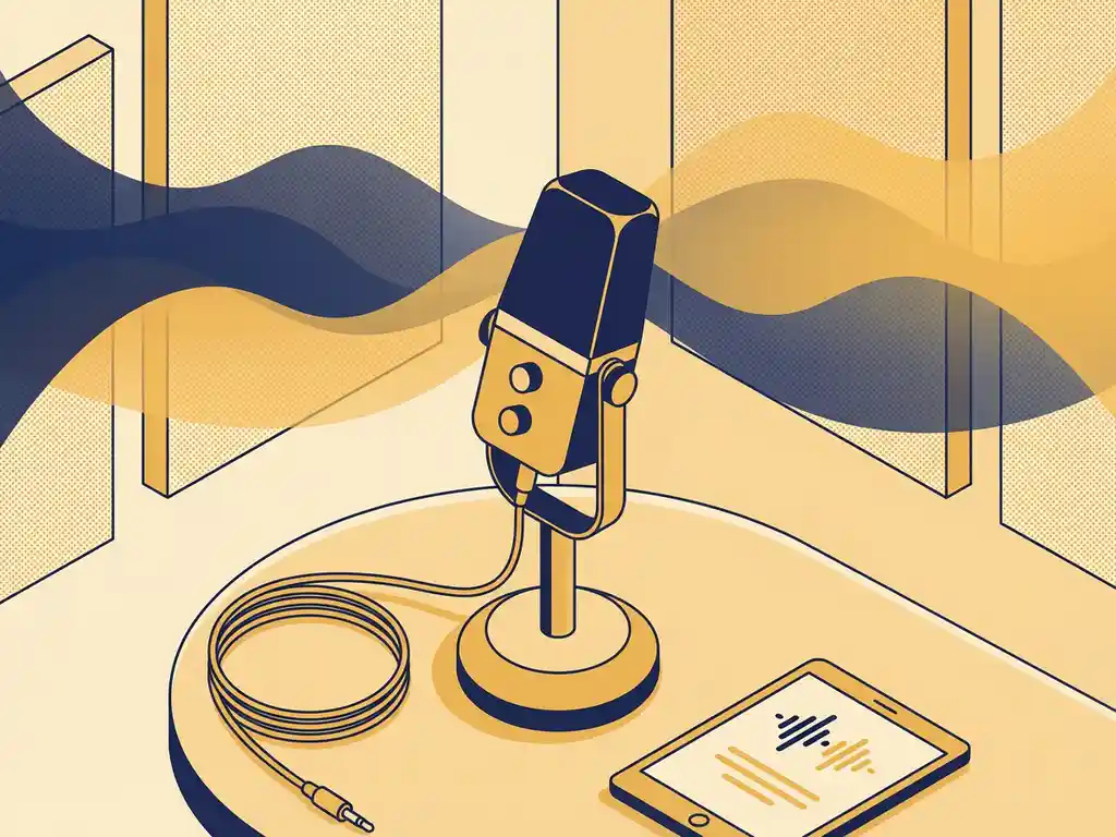 Professionele podcastmicrofoon in een warmverlichte studiobooth met akoestische panelen, vlakke illustratiestijl in marineblauw en geel.