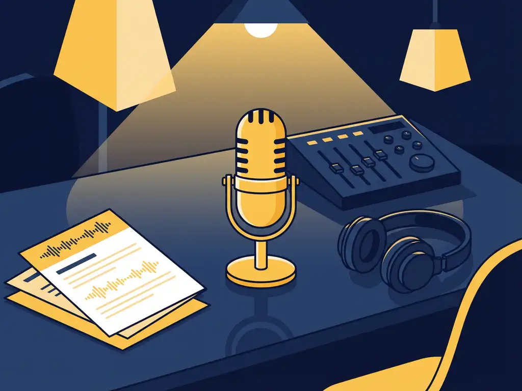 Professionele podcastmicrofoon op studiotafel met koptelefoon, mixconsole en productienotities in warm amber en marineblauw.