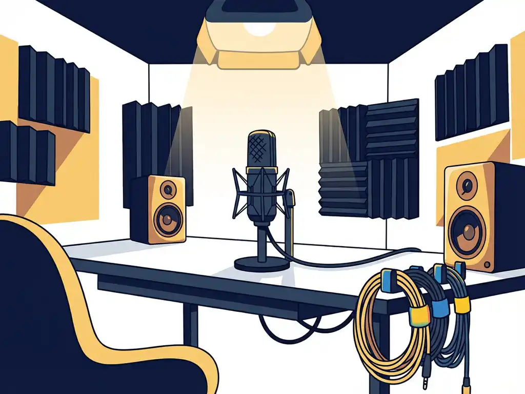 Professionele podcastmicrofoon op een studiobureau, omringd door akoestische panelen, studiomonitors en geordende kabels in marineblauw en warm geel.