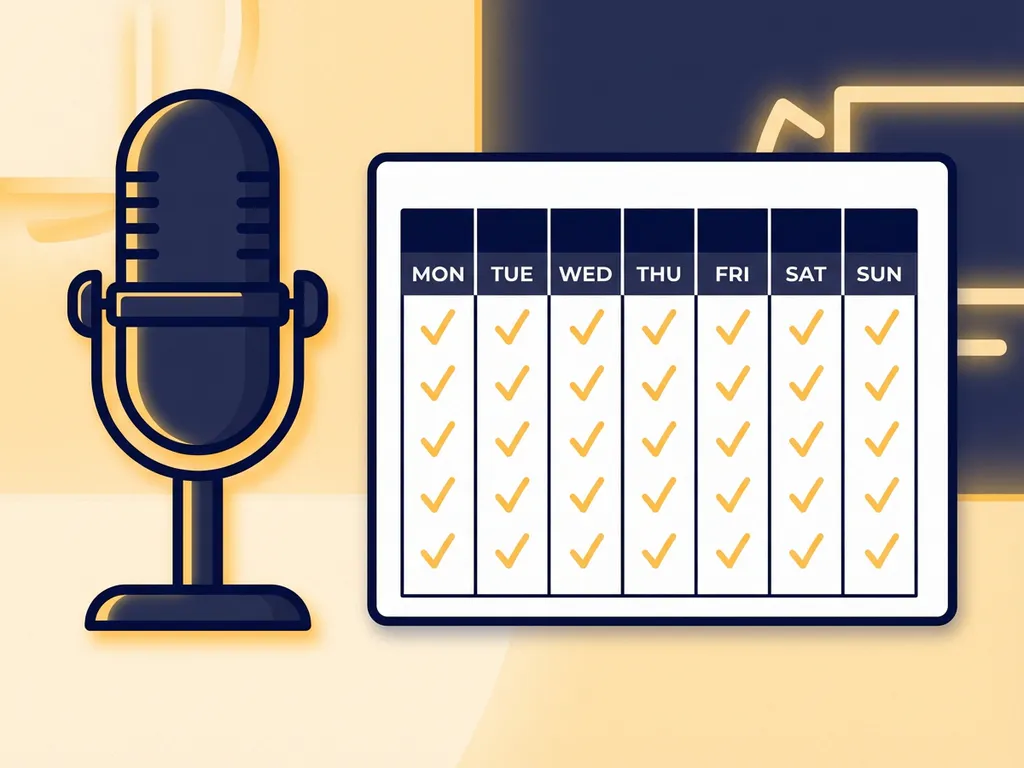 Podcastmicrofoon naast een wekelijkse planner met vinkjes op een bureau, warm studiolicht op de achtergrond.
