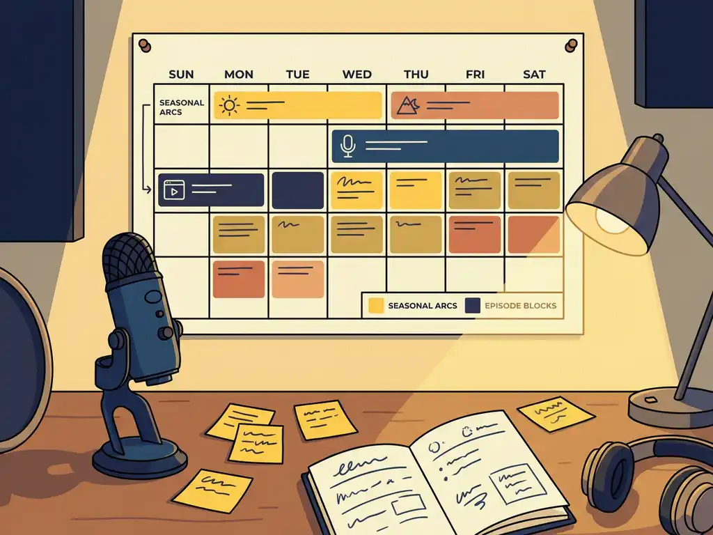 Kleurgecodeerde wandkalender boven een podcaststudio-bureau met microfoon, plakbriefjes en opengeslagen planningsnotitieblok.