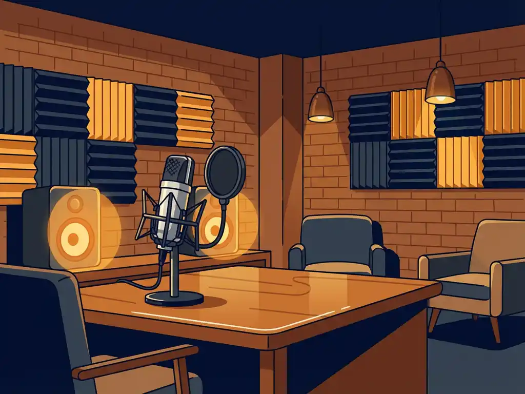 Professionele podcaststudio met akoestische schuimpanelen op bakstenen muur, condensatormicrofoon op bureau en studiomonitors op de achtergrond.