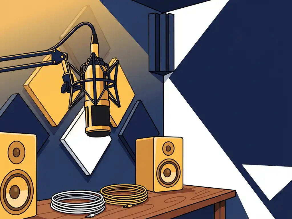 Professionele podcaststudio met grote condensatormicrofoon, akoestische schuimpanelen en studiomonitors in marineblauw en goudgeel.