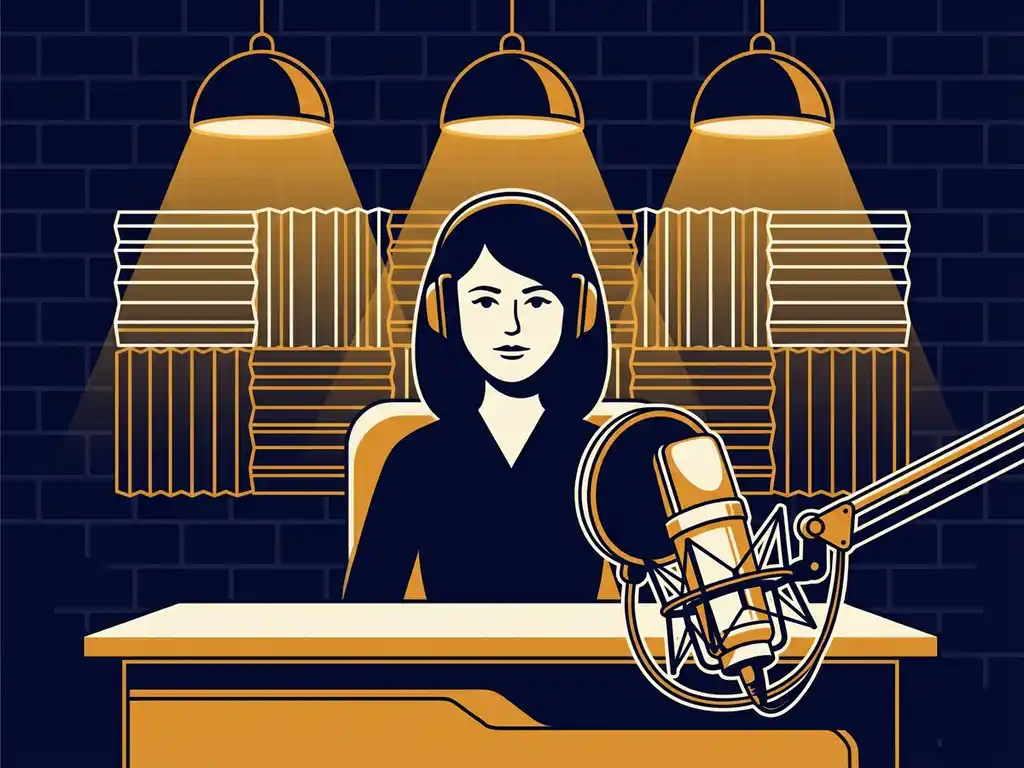 Podcasthost aan studiodesk met grote condensatormicrofoon, akoestische schuimwanden en sfeervol amber-marineblauw licht.