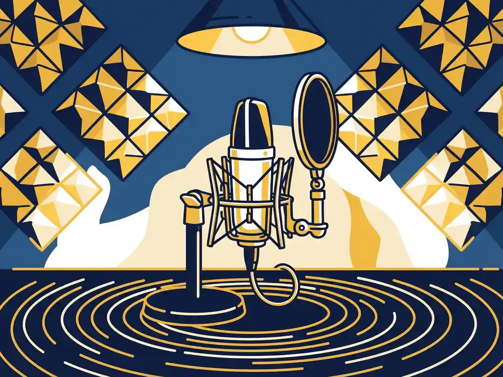 Condensatormicrofoon in een gestileerde podcaststudio met akoestische schuimwanden en golfvormen in marineblauw en geel.
