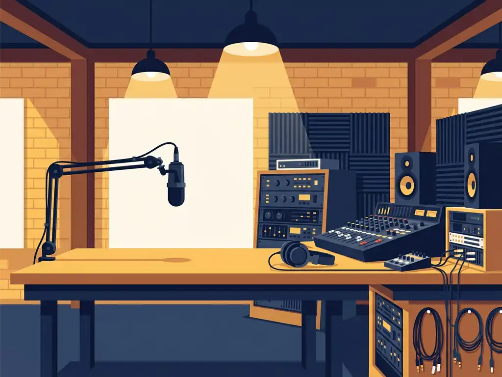 Professionele podcastmicrofoon naast een volledige studioproductie-opstelling met mixer en koptelefoon op een industrieel bureau.