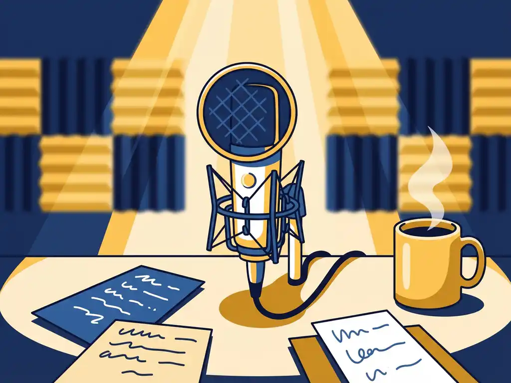 Professionele microfoon op een podcaststudio-bureau met handgeschreven notities en een kop koffie, akoestische schuimpanelen op de achtergrond.